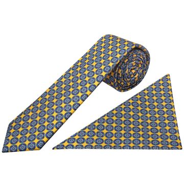 Yellow with Blue Geo Silk Skinny Men's Tie and Pocket Square Set