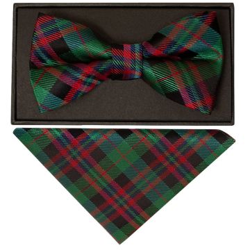 Green and Red Tartan Silk Mens Bow Tie and Pocket Square Set