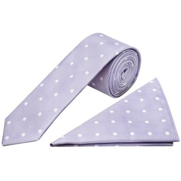 Lilac Large White Spot Skinny Men's Tie and Pocket Square Set