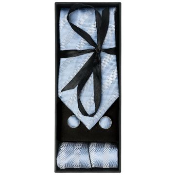 Mens Light Blue Textured Stripe Silk Classic Tie Pocket Square and Cufflinks Box Set
