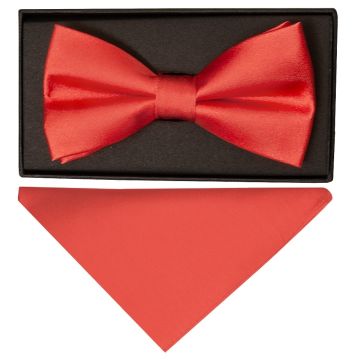 Plain Coral Pink Satin Silk Mens Bow Tie and Pocket Square Set