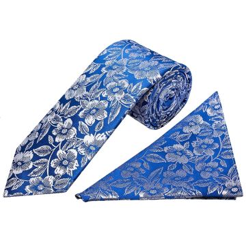 Mens Royal Blue Floral Silk Classic Tie and Pocket Square