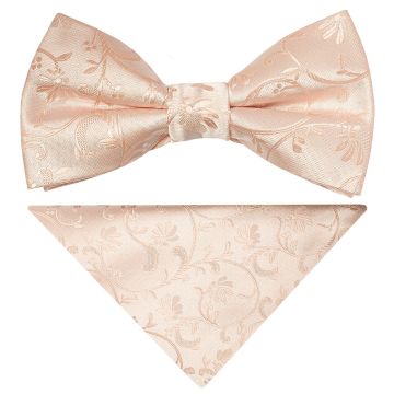 Pre Tied Light Peach Floral Boys Bow Tie and Pocket Square Set