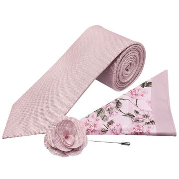 Classic Dusty Rose Mens Tie with Pocket Square and Lapel Pin Set