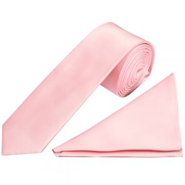 Plain Blush Pink Satin Skinny Men's Tie and Pocket Square Set