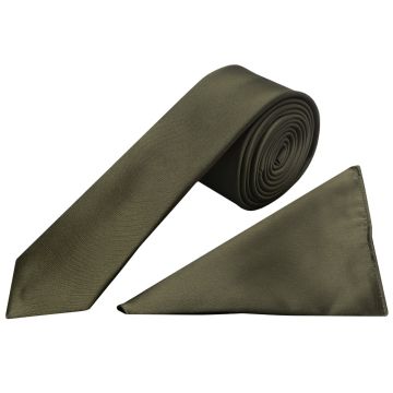 Plain Leaf Green Satin Skinny Men's Tie and Pocket Square Set