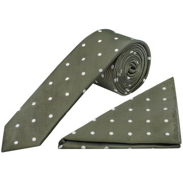 Olive Large White Spot Skinny Men's Tie and Pocket Square Set