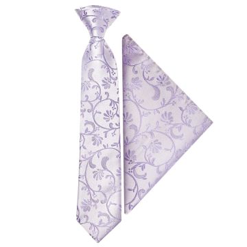 Pre Tied Lavender Floral Boys Tie and Pocket Square Set Age 4-7