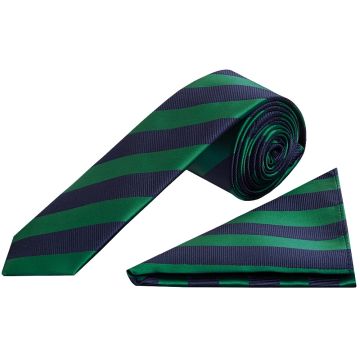 Navy and Green Striped Skinny Men's Tie and Pocket Square Set