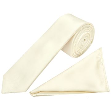 Plain Off White Satin Skinny Men's Tie and Pocket Square Set