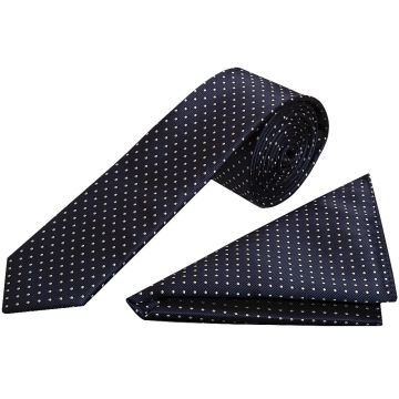 Navy Blue and White Polka Dot Skinny Boy's Tie and Pocket Square Set