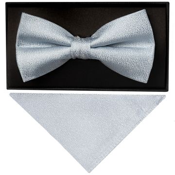 Plain Light Blue Textured Silk Mens Bow Tie and Pocket Square Set