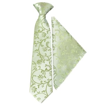 Pre Tied Sage Green Floral Boys Tie and Pocket Square Set Age 4-7