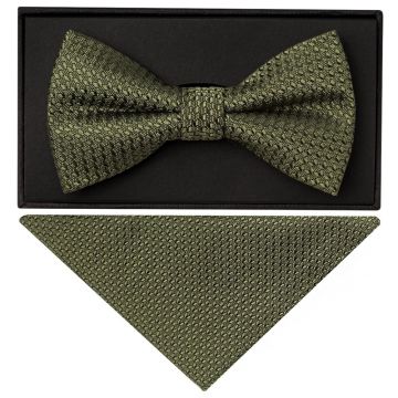 Olive Green Textured Mens Bow Tie and Pocket Square Set