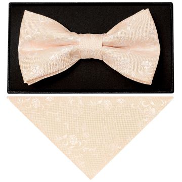 Light Peach and White Floral Handmade Mens Bow Tie and Pocket Square Set