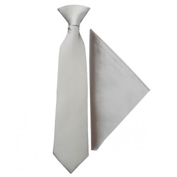 Pre Tied Silver Satin Boys Tie and Pocket Square Set Age 4-7