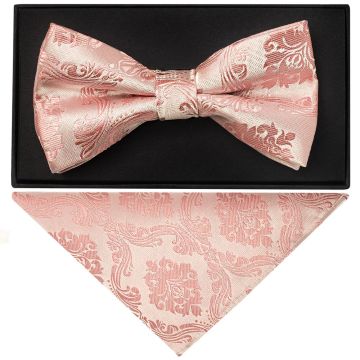 Rose Gold Paisley Handmade Mens Bow Tie and Pocket Square Set