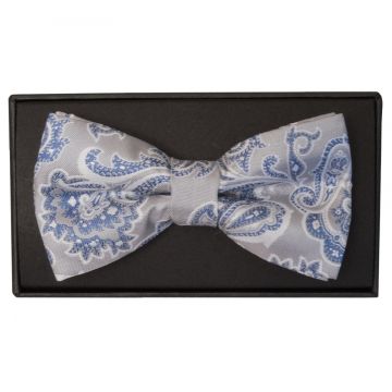Silver and Blue Paisley Handmade Mens Bow Tie