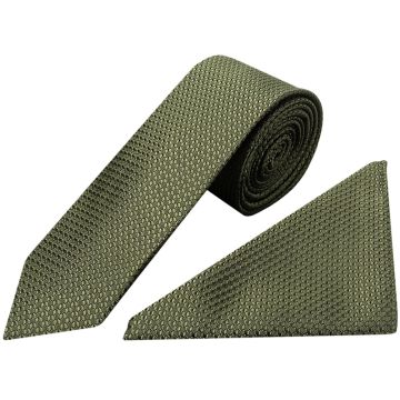 Olive Green Boys Textured Skinny Tie and Pocket Square Set