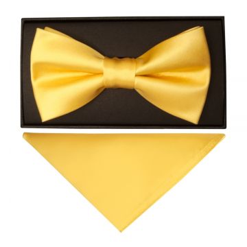 Plain Yellow Gold Handmade Mens Bow Tie and Pocket Square Set