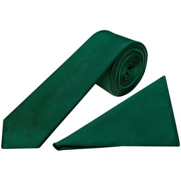 Plain Bottle Green Satin Skinny Men's Tie and Pocket Square Set