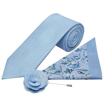 Classic Dusty Blue Mens Tie with Pocket Square and Lapel Pin Set