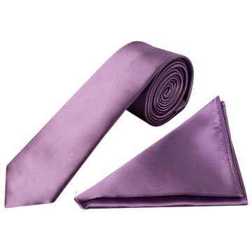 Plain Light Mauve Satin Skinny Men's Tie and Pocket Square Set