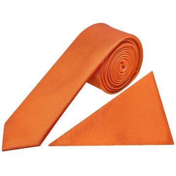 Orange Silk Twill Skinny Mens Tie and Pocket Square Set