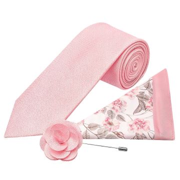 Classic Pink Mens Tie with Pocket Square and Lapel Pin Set