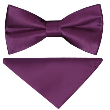 Pre Tied Plum Satin Boys Bow Tie and Pocket Square Set