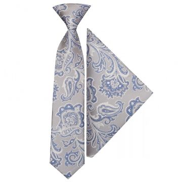 Pre Tied Silver and Blue Paisley Boys Tie and Pocket Square Set Age 4-7 