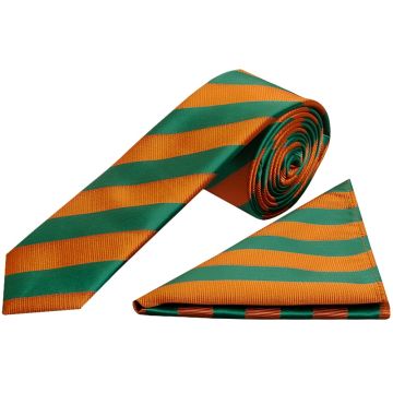 Orange and Green Striped Skinny Men's Tie and Pocket Square Set