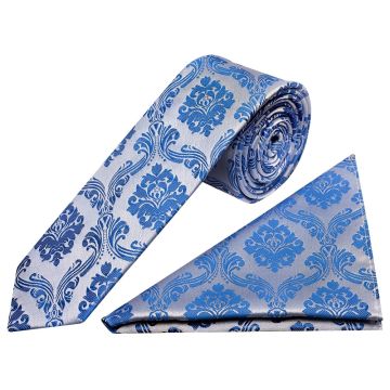 Royal Blue Paisley Skinny Men's Tie and Pocket Square Set