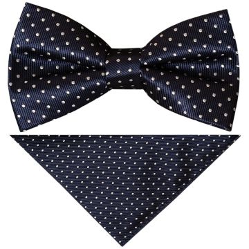 Pre Tied Navy and White Polka Dot Boys Bow Tie and Pocket Square Set Age 4-7