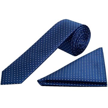 Blue and White Polka Dot Skinny Boys Tie and Pocket Square Set