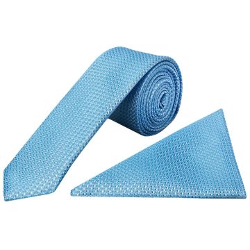 Blue Textured Skinny Tie and Pocket Square Set