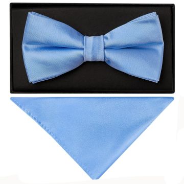 Plain Steel Blue Satin Handmade Mens Bow Tie and Pocket Square Set