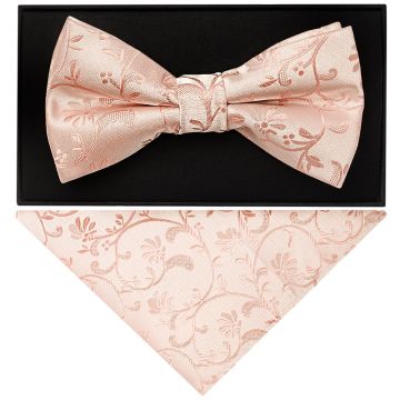Rose Quartz Floral Handmade Mens Bow Tie and Pocket Square Set