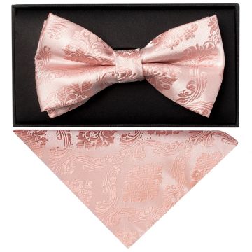 Rose Quartz Paisley Handmade Mens Bow Tie and Pocket Square Set