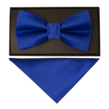 Plain Royal Blue Hand Made Mens Bow Tie and Pocket Square Set