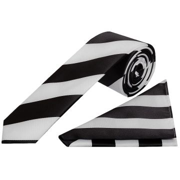 Black and White Striped Skinny Men's Football Tie and Pocket Square Set