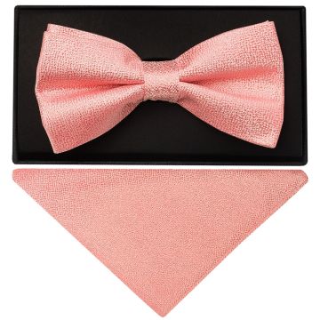 Plain Pink Textured Silk Mens Bow Tie and Pocket Square Set