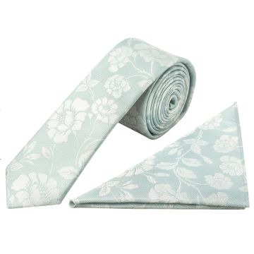 Duck Egg with White Floral Silk Skinny Tie and Pocket Square Set