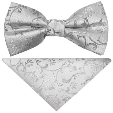 Pre Tied Silver Floral Boys Bow Tie and Pocket Square Set
