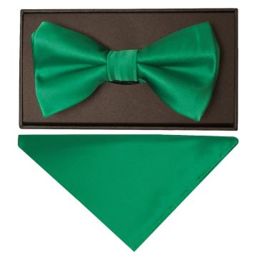 Plain Emerald Green Hand Made Mens Bow Tie and Pocket Square Set