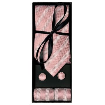 Mens Rose Gold Textured Stripe Silk Classic Tie Pocket Square and Cufflinks Box Set