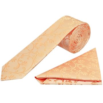 Peach Floral Skinny Men's Tie and Pocket Square Set