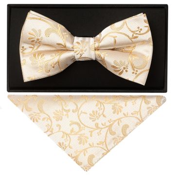 Caramel Floral Handmade Mens Bow Tie and Pocket Square Set