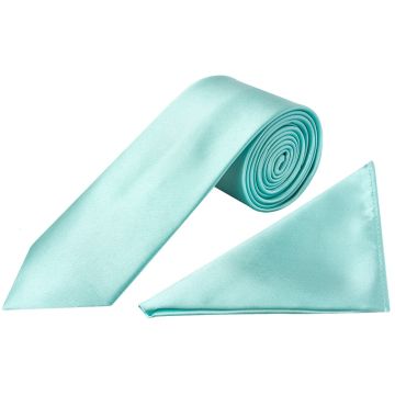 Plain Aqua Satin Classic Men's Tie and Pocket Square Set