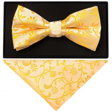 Bright Yellow Floral Handmade Mens Bow Tie and Pocket Square Set